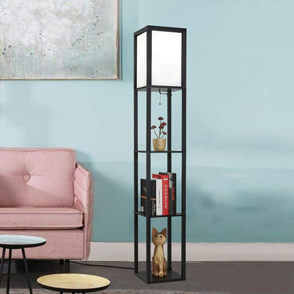 LED Shelf Floor Lamp Wooden Frame Tall Light with Organizer Storage Display Shelves-Modern Standing Lamp for Living Room Bedroom