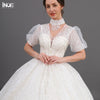 INOE Lucky Women Long Wedding Dress Tulle Ball Gown Organza Sequins Short Half Sleeves for Party White Fashion Bridal Clothing