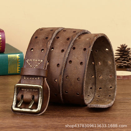 Hot belts luxe marque belt cowskin genuine leather Brass copper double needle buckle young men's belt brand new style cowboy