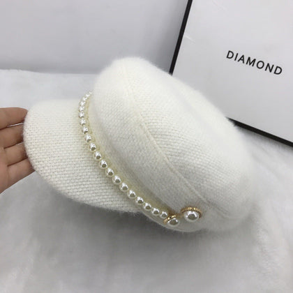 01911-fu-pearl add khaki color pearl buttons winter warm faux fur lady octagonal hat women leisure visors cap - Surprise store