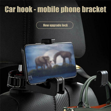 Universal Car Headrest Hook with Phone Holder Multi-function Car Adjustable Hook Hanging Groceries Car Interior Accessories