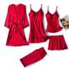 5PC Silk Robe Sleep Suit Womens Lace Satin Pajamas Gown Set V-Neck Cami Nighties Wear Pijama Home Nightwear Spring Nightdress