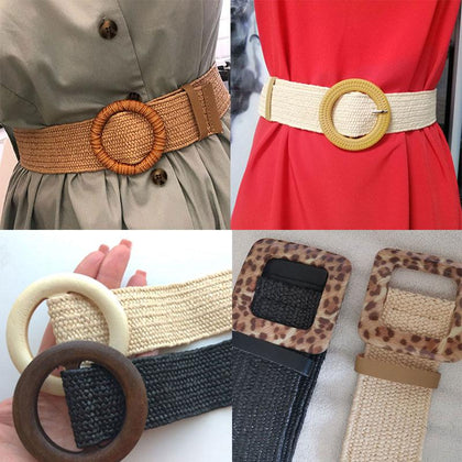 Summer Women Elastic Belt Braided Round Square Wooden Buckle Vintage Bohe Straw Buckle Belt Decorative Dress Belt Knitted Belt