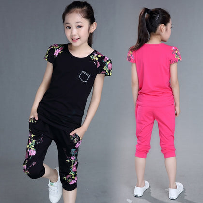 Children Clothing Sets Summer Girls Sports Suit Cotton Print Short Sleeve T Shirt & Pants 2Pcs Girls Clothes 6 8 9 10 12 Years