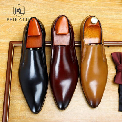 Classic Pointed Toe Business Men's Dress Shoes Genuine Leather Formal Wedding Shoes Slip On Office Oxford Shoes For Men A42 - Surprise store