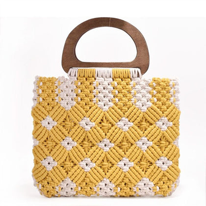 Wooden portable female summer diamond-shaped cotton handbag pure hand-woven beach bag