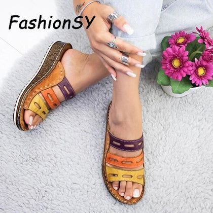 Wedge Heel Women Slippers Summer Women shoes Retro Stitching Low Beach Open Peep Toe Sandals 3 colors Shoes Slides woman shoes