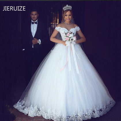 JIERUIZE White Lace Appliques Ball Gown Cheap Wedding Dresses 2019 Off The Shoulder Short Sleeves Bridal Dresses Wedding Gowns
