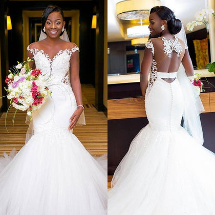 New Arrival African Mermaid Wedding Dresses 2019 Illusion Backless Applique Lace Court Train Mermaid Bridal Dress Wedding Gowns Plus Size Vestido de noiva