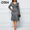 OTEN Women Dresses Office Wear Ladies Pencil Ruffle Plus Size 2019 Autumn New Plaid Double Button V-Neck Long Sleeves Midi Polo
