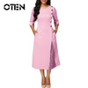 OTEN Midi Dress Women Plaid Office Plus Size Patchwork 2019 Autumn New Elegant Pocket Button O-Neck Party Work Loose Female Robe