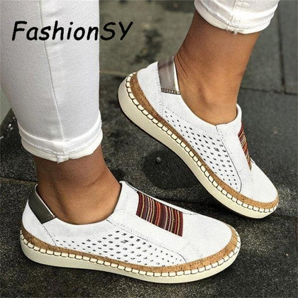 Hollow Out Women's Shoes Hand-stitched Striped Breathable Elastic Band Retro Casual Flat Suitable Wide Leg Women's Sneaker