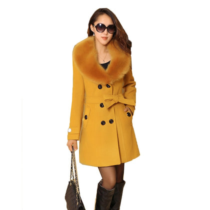 Large Size Woolen Coat Korean Version Mid-Long Big Fur Collar Woolen Windbreaker Autumn Winter Fashion Woolen Outerwear Belt 953