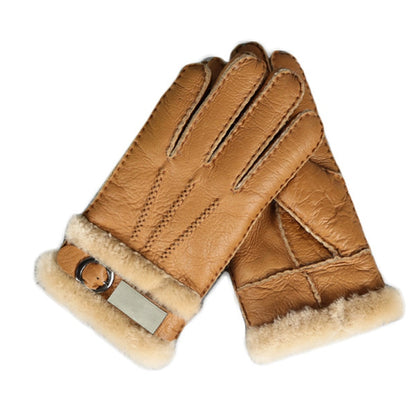 Leather Fur Sheepskin Gloves Fashion Men Winter Autumn Warm Thermal Wool Fleece Snow Mittens Outdoor Five Finger Wrist Gloves