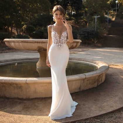 LORIE Sexy Mermaid Wedding Dresses 2020 Spaghetti Straps Appliques Lace Beach Bride Dress Backless Boho Wedding Gown