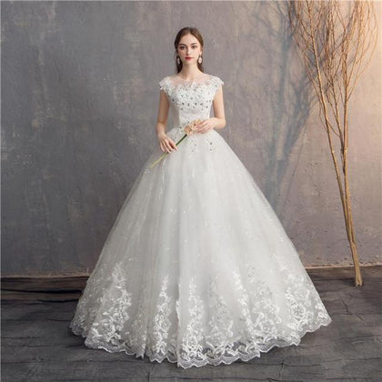 EZKUNTZA 2021 Diamond Lace Wedding Dress O-neck Beading Ball Gown Simple Cheap Wedding Dresses Princess Vintage Wedding Dresses