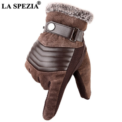 LA SPEZIA Brown Mens Leather Gloves Real Pigskin Russia Winter Gloves Warm Thick Driving Skiing Men's Gloves Guantes Luvas