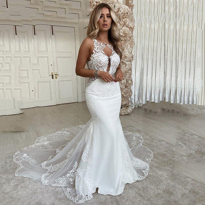 LORIE Sexy Mermaid Wedding Dresses 2020 Scoop neck  Lace Appliques Bridde Dress Open Back Country Bridal Gown Vestido de novie