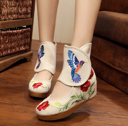 Beige Flower Bird Women Shoes Chinese Style Noble Mary Janes Inside Increased Embroidery 5cm Flats Soft Sole Cloth Shoes Woman