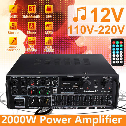 bluetooth 2.0 Channel 2000W Audio Power HiFi Amplifier 326BT 12V/220V AV Amp Speaker with Remote Control for Car Home