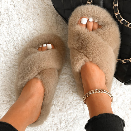 Women Furry Fur Slippers Soft Faux Fur Slides Ladies Plush House Slippers Cross Band Open Toe Flat Sandals Fluffy Warm Shoes