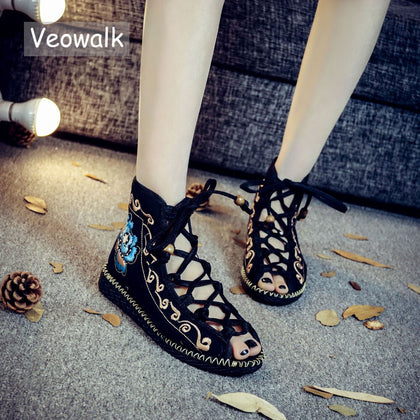 Veowalk Open Peep Toe Women Gladiator Canvas Sandals Shoes High Top Strappy Fashion Summer Comfort Ladies Flat Sandials