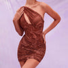 Ggbaofan Brown  Sexy One Shoulder Swirl Print Cut-Out Mini Dress Elegant Bodycon Dress Ruched Night Club Party Outfits Clothing