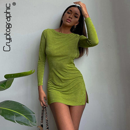 Cryptographic Fashion Long Sleeve Autumn Split Dress for Women Club Party Elegant Tie Up Sexy Backless Mini Dresses Birthday