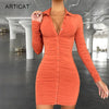 Articat New Autumn Casual Women's Dresses Vintage Bodycon Single-breasted Summer Dress Simply Ruched Y2K Women's Clothing 2021
