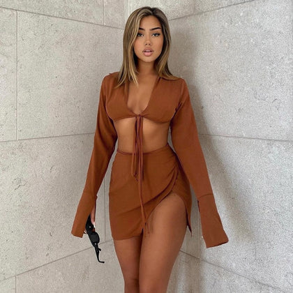 Cryptographic Brown Sexy Tie Front Top and Skirt Sets Women Fashion Outfits Fall Matching Set Split Skirt Club Party Clothes