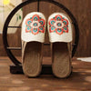 Veowalk Women Casual Linen Handmade Embroidery Mules Flat Slippers Retro Vegan Summer Ladies Canvas Comfortable Espadrille Shoes