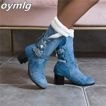 Top Quality Women Snow Boots Warm Thick Fur Winter Boots Shoes Plus Size 6CM Heels Ladies Mid-calf Shoes Comfort Botas Mujer