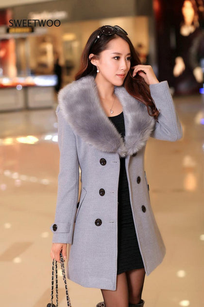 Womens Faux Fur Collar Solid Trench Coats Lady Slim Double Breasted Woolen Jackets Coat New Autumn Winter Female Outwear 5Xl
