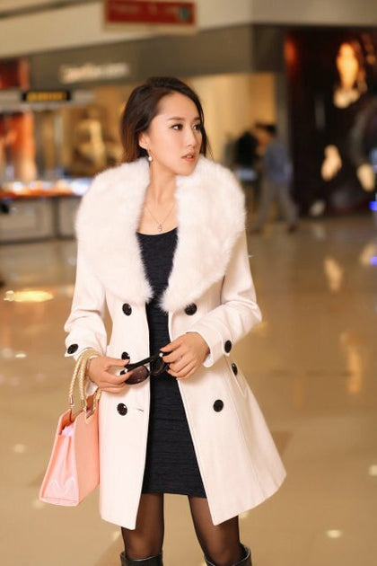 Womens Faux Fur Collar Solid Trench Coats Lady Slim Double Breasted Woolen Jackets Coat New Autumn Winter Female Outwear 5Xl