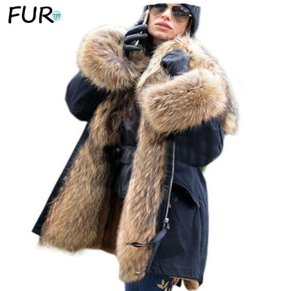 2021 New Big Real Raccoon Fur Collar Real Natural Fur Coat Winter Jacket Long Women Raccoon Fur Liner Hooded Parkas