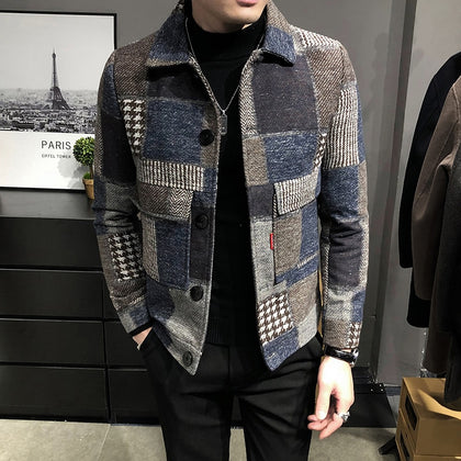 2021 Autumn and Winter Fashion New Men's Casual Lapel Hoodless Jacket / Male Slim Plaid Woolen Coat