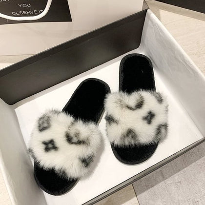Cotton slippers 2021 autumn and winter new Korean version of the net red printing word flat bottom casual hairy slippers women