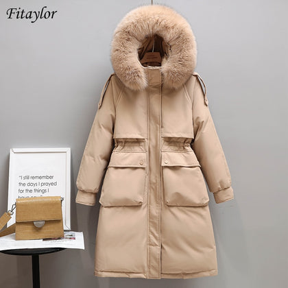 Fitaylor Winter Women Long Jacket Large Natural Fur Collar Hooded Parkas 90% White Duck Down Coat Thickness Snow Warm Outwear