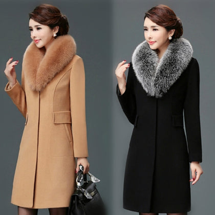 Women Wool Blends Coat Winter Autumn 2021 FashionSlim Mother Fur Collar Woolen Jacket Long Outerwear Tops Female Size M-3XL