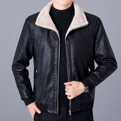 Winter men's fur coat / business warm black thick windproof leather coat / man simple lapel faux leather cashmere leather jacket