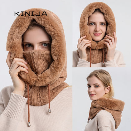 Winter Fur Cap Mask Set Hooded for Women Knitted Cashmere Neck Warm Russia Outdoor Ski Windproof Hat Thick Plush Fluffy Beanies