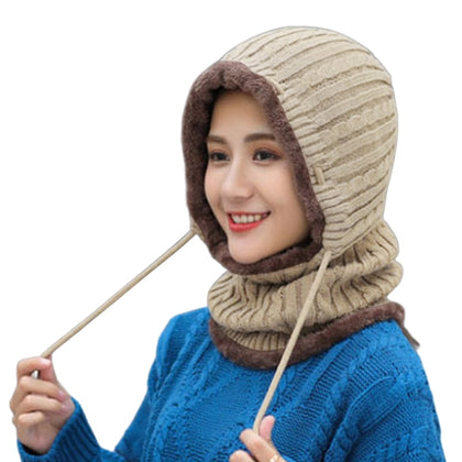 Women Winter Warm Knitted Balaclava Hat Plush Lined Ski Earflap Hood Cap Scarf