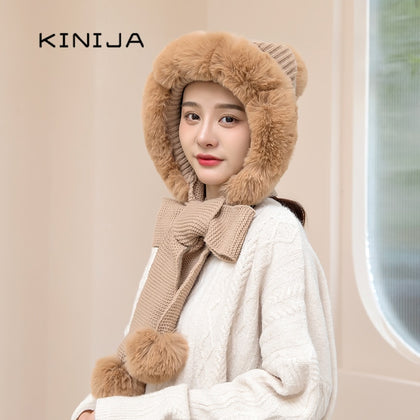 Winter Warm Novelty Knitted Fur Scarf Hat Thicken Plush Earflap Cap Russia ski windproof Ear Protection Hood for Women beanies