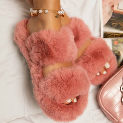 Indoor Women Fur Slippers Fluffy Soft Furry Slides Thick Flats Heel Non Slip House Shoes Ladies Luxury Design Footwear Whosale