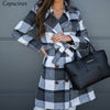Capucines Autumn Winter Plaid Woolen Coat Women 2021 Fashion Notched Collar Double Breasted Belt Mid-Length Elegant Outerwear