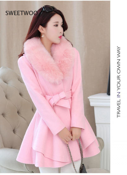 Winter Women Woolen Coat Outerwear Large Fur Collar Ruffles Female Casual Jacket Long Sweet Preppy Trench Coat