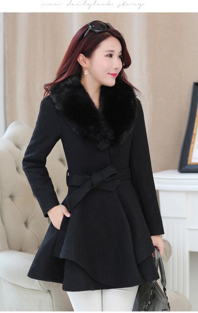 Winter Women Woolen Coat Outerwear Large Fur Collar Ruffles Female Casual Jacket Long Sweet Preppy Trench Coat