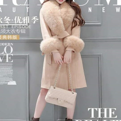 Elegant Fashion Long Wool Coat Collar Detachable Fur Collar Wool Blend Coat and Jacket Solid Women Coats Autumn Winter