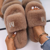 Furry Slides For Women Faux Rabbit Fur Slippers Fluffy Flip Flops Plush House Slippers Non-Slip Flat Sandals Female Home Shoes