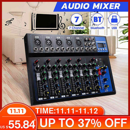 bluetooth Portable Audio Mixer w/USB DJ Sound Mixing Console MP3 Jack 7 Channel Karaoke 48V Amplifier Karaoke KTV Match Party